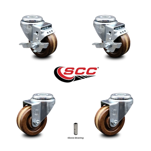 3 Inch High Temp Phenolic Wheel Swivel Bolt Hole Caster Set with 2 Brake SCC